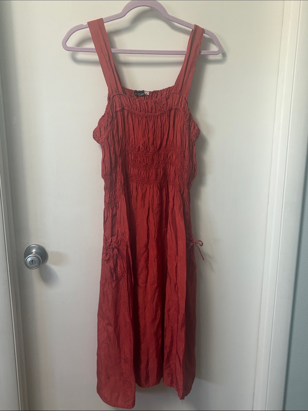 Smocked Rust Midi Dress with Wide Straps - Women